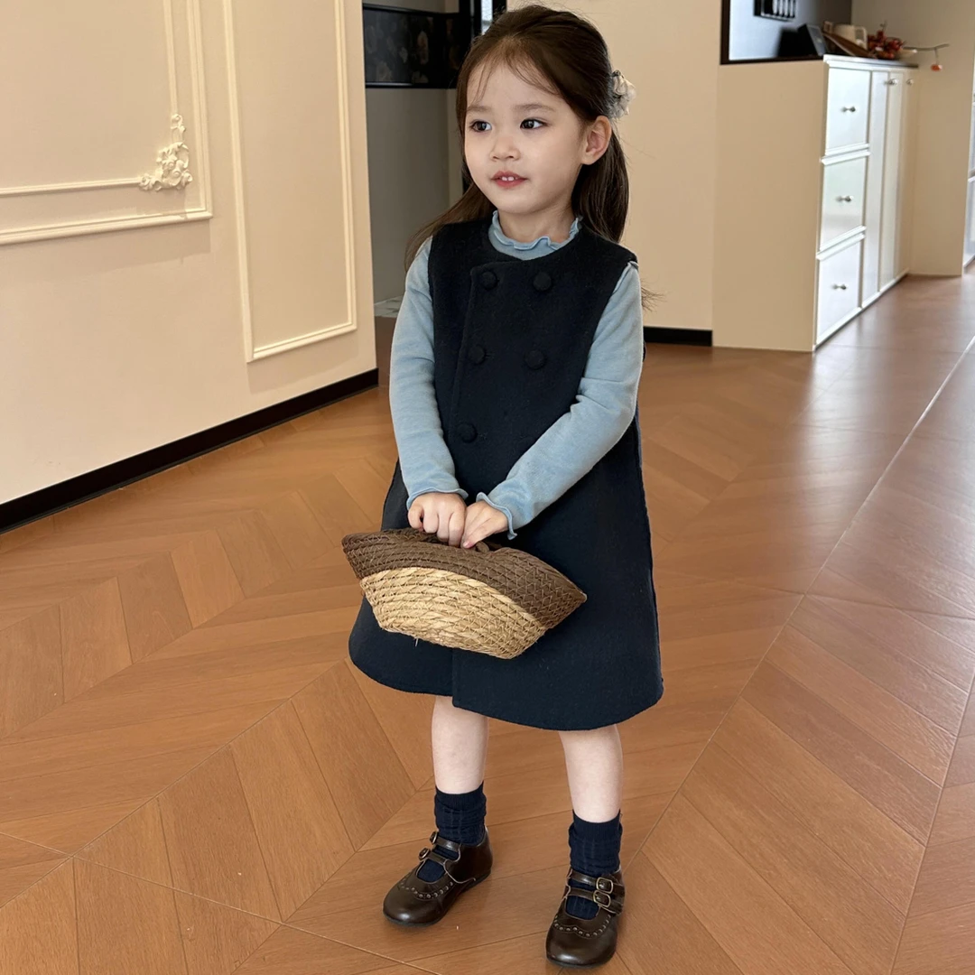 小思家女童韩版2025纯色修身儿童打底衫气质连衣裙套装