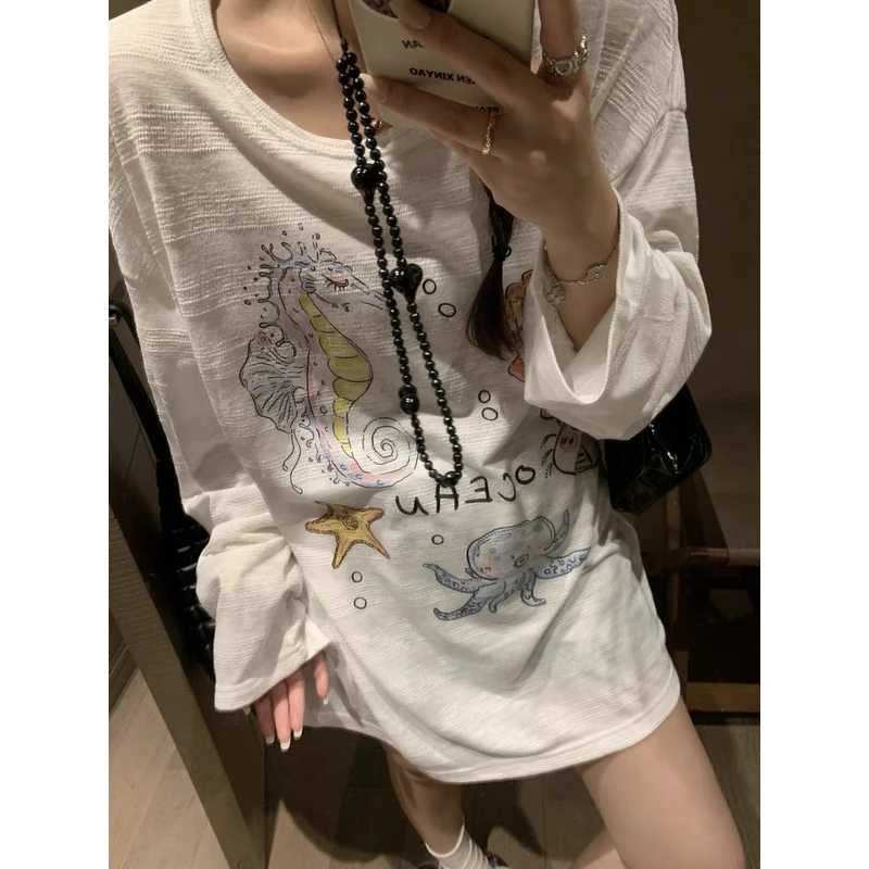 2025夏季海洋印花白色长袖T恤女罩衫薄款防晒衣宽松中长款上衣