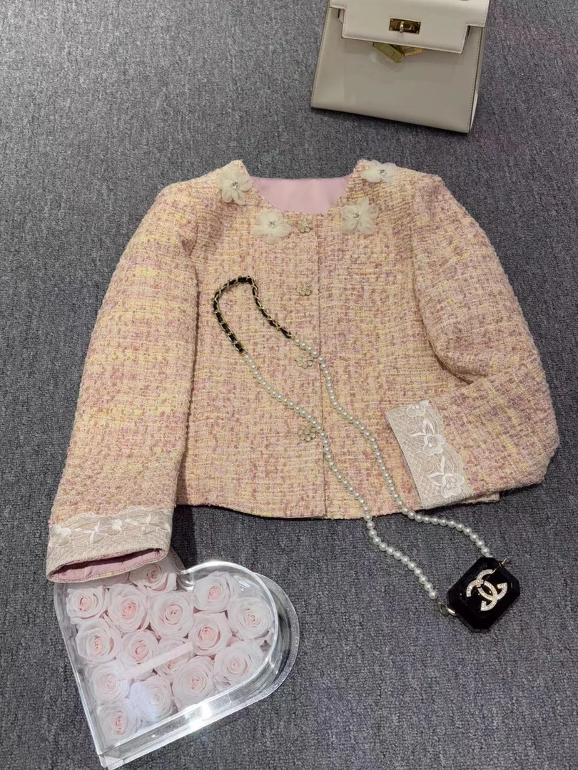 高端定制2025春季新款洋气重工花朵女士小香风外套女短款上衣