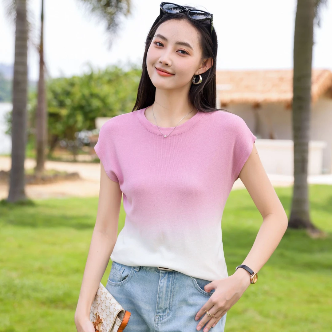渐变色夏季新款圆领薄款针织短袖女时尚洋气高级感简约百搭上衣