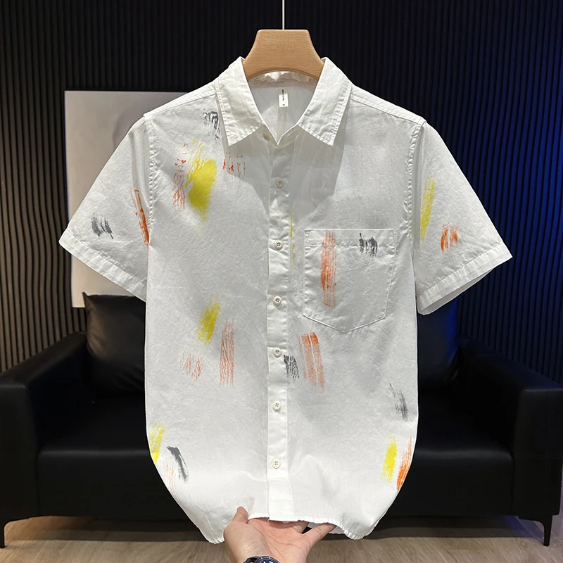 夏季纯棉拼色印花男士短袖衬衫宽松休闲潮流百搭上衣翻领男装衬衣