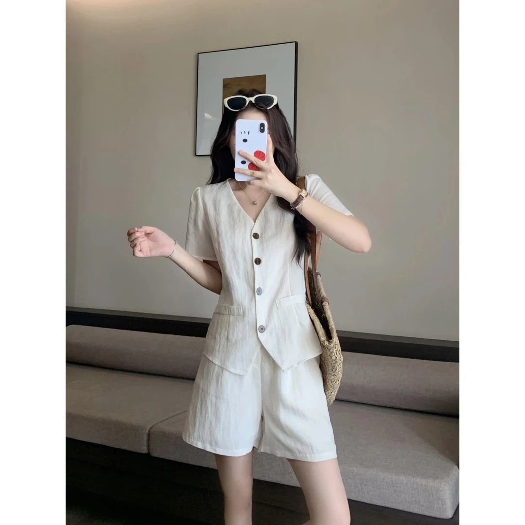 天丝亚麻时尚套装森系2025夏新短袖阔腿短裤套装老钱风松弛感女装