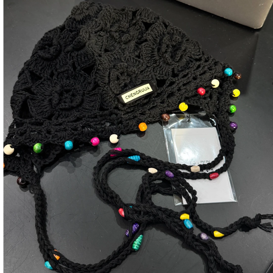 【G77】针织帽七彩幸运色百搭小众编织镂空包头毛球