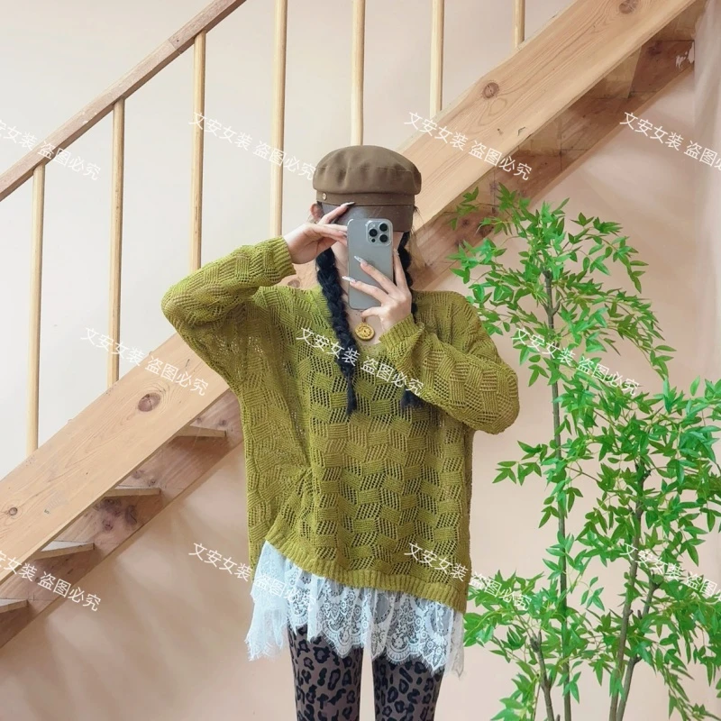 春夏新款甜美百搭宽松镂空款蕾丝拼接针织衫6838