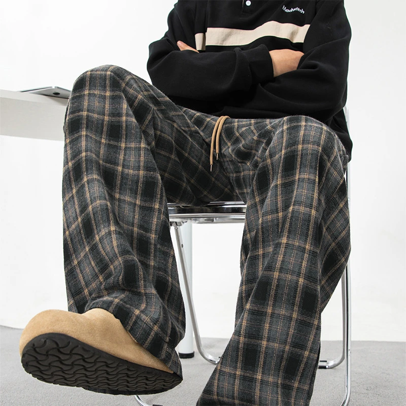 美式复古磨毛格纹休闲裤男2025春季新款长裤英文刺绣宽松直筒裤子