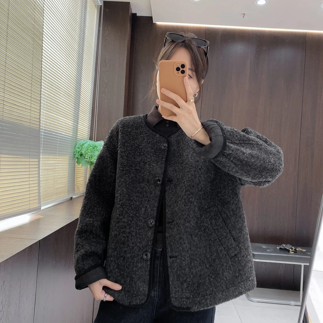 IMFLY金小金自制女装 两面穿棉服DYW10022秋冬圆领单排扣棉衣外套