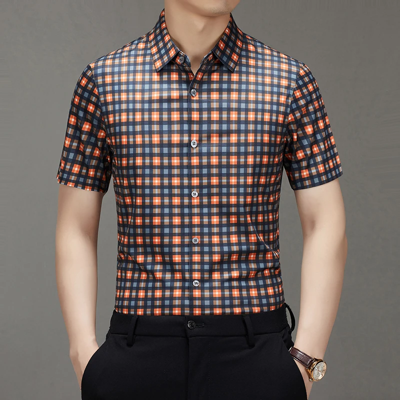 休闲男士夏季新款短袖格子衬衫 夏装男装含桑蚕丝衬衣上衣M380