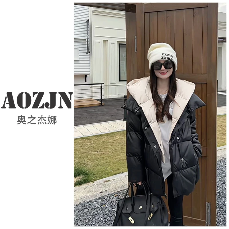 AOZJN/奥之杰娜真皮羽绒服女宽松外套连帽加厚保暖绵羊皮真皮皮衣