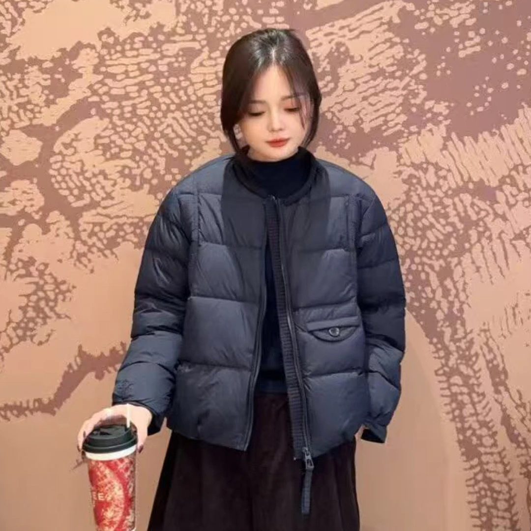 保暖拉链拼接短款羽绒圆领纯色女款韩版轻薄宽松羽绒