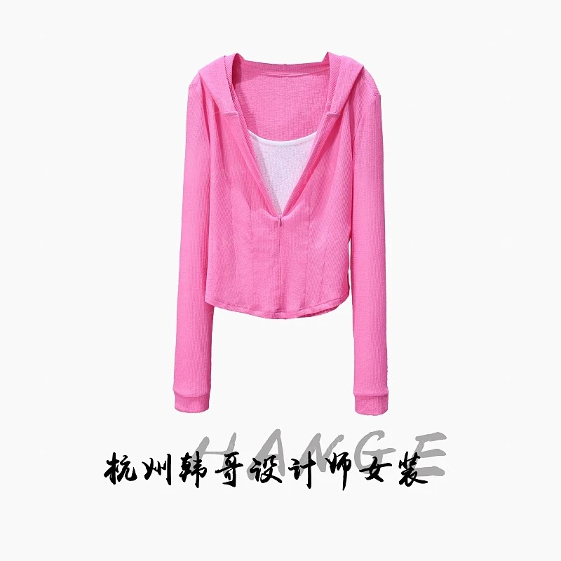 【韩哥女装】秋季欧版设计洋红粉连帽长袖网衫扩版高弹上衣8162-A2