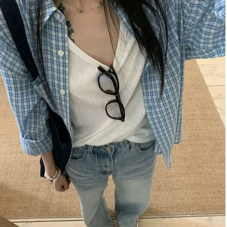 春季新款显瘦韩系棉质清新格子衬衫女春夏防晒衫上衣530