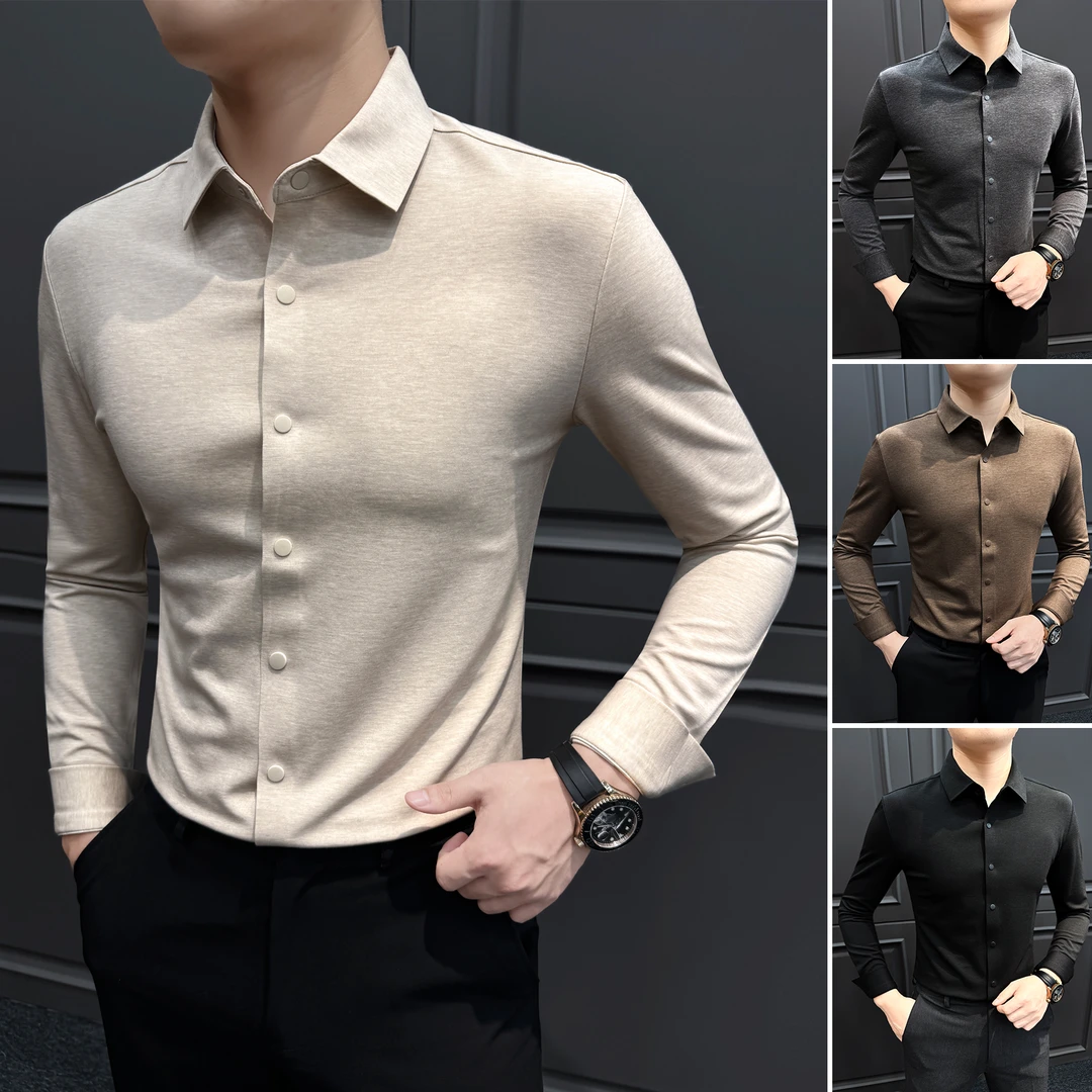 莱赛尔无痕压胶衬衫男款爆款2025新款秋冬款按扣商务休闲男士衬衣