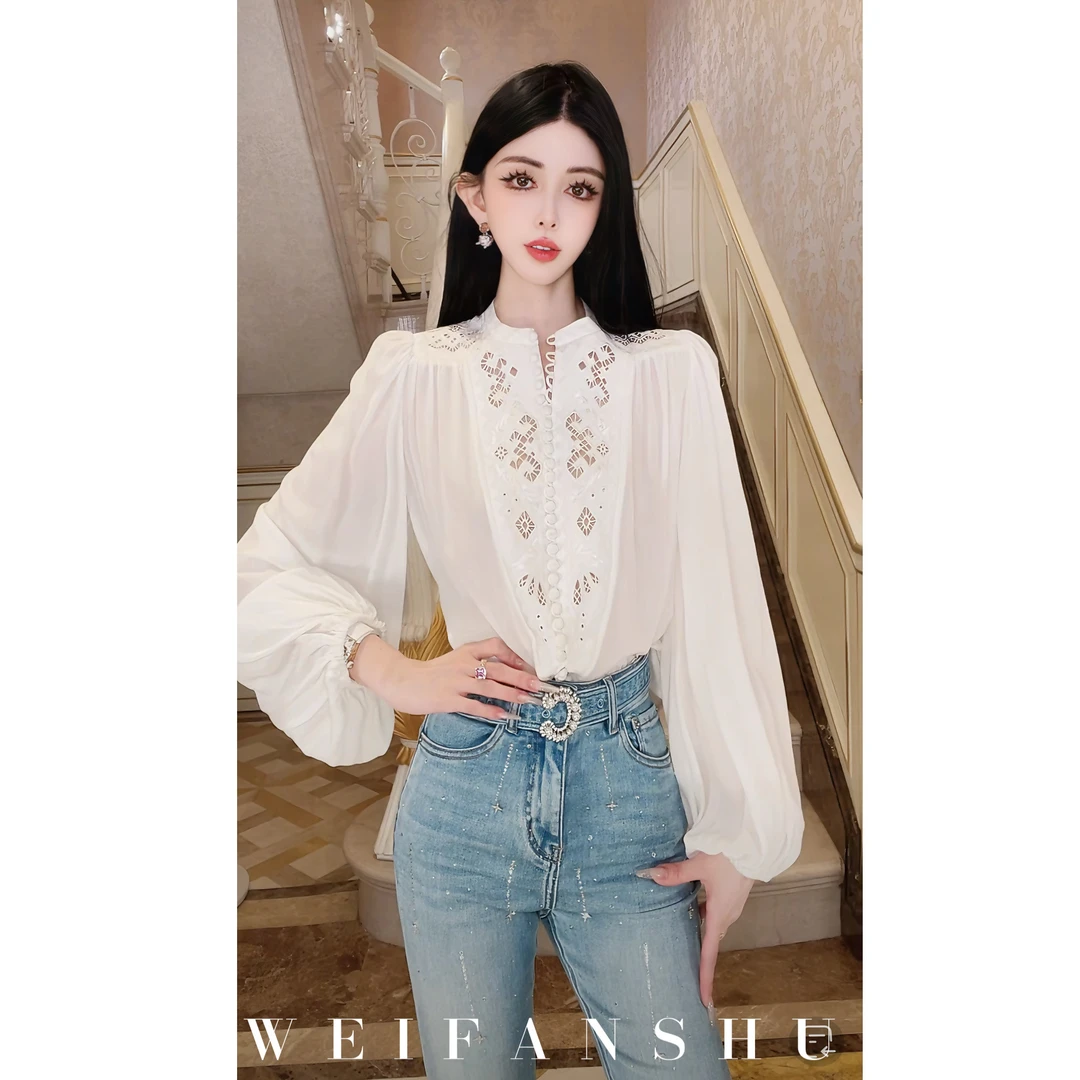 WEIFANSHU/魏凡舒【纯白梦境】夏季新款设计感时尚宽松真丝长袖上衣