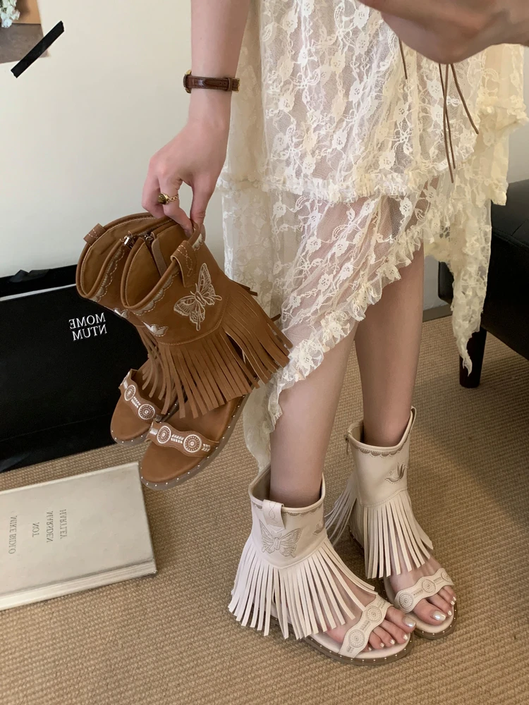 小番茄~美式复古风V口流苏凉靴女夏时尚气质刺绣内增高西部牛仔靴