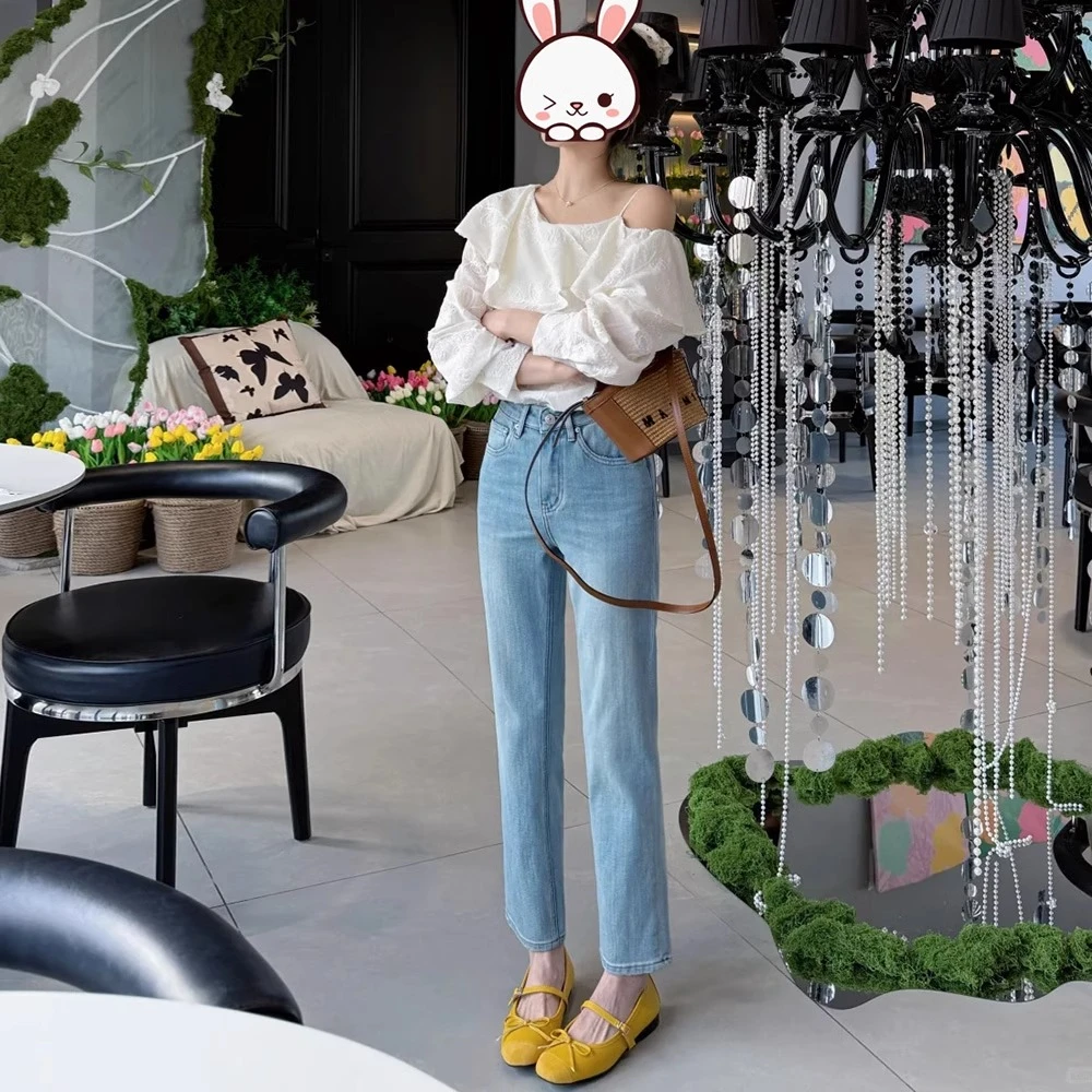 高腰浅蓝色八九分牛仔裤女窄版直筒夏季薄款宽松显瘦烟管法棍裤子