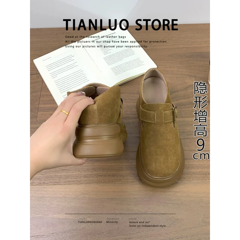 牛皮版~9cm小个子内增高厚底勃肯鞋女2025新款全包一脚蹬软底单鞋