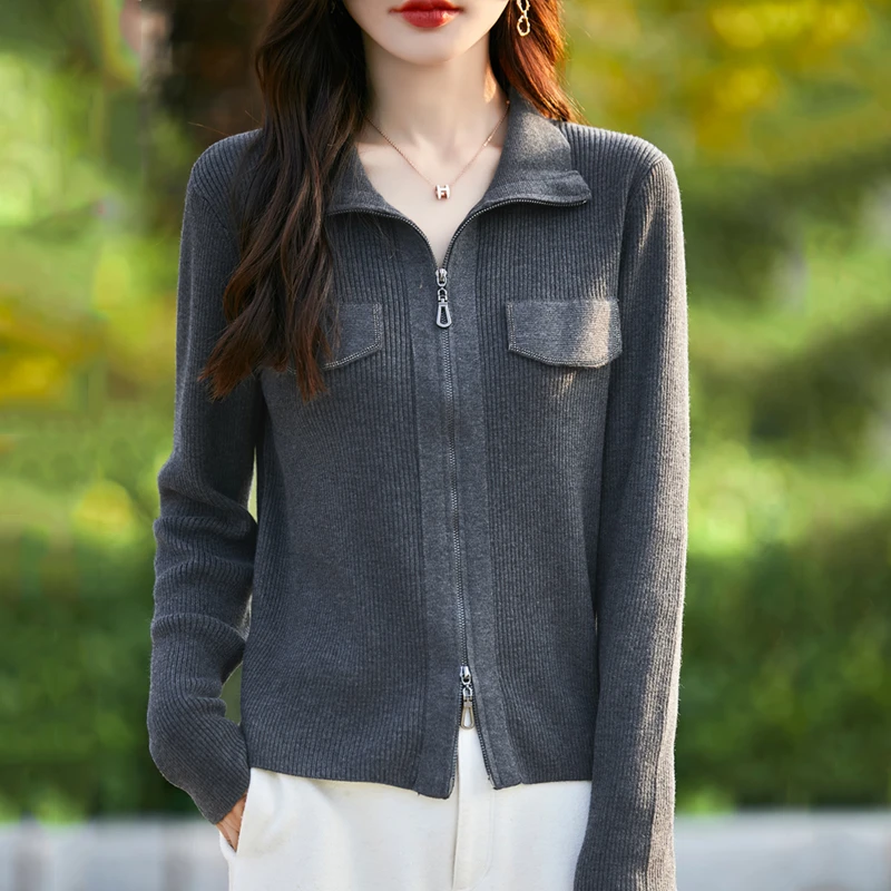 设计感双拉链纯色针织开衫假兜立领羊毛上衣洋气减龄毛衣