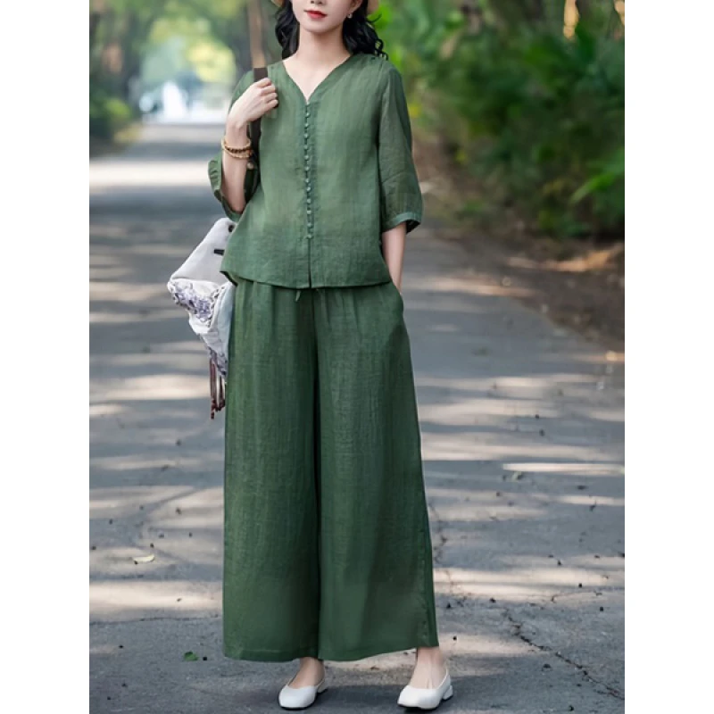 YX#套装苎麻时尚小衫直筒裤文艺复古百搭宽松休闲新中式DY8591