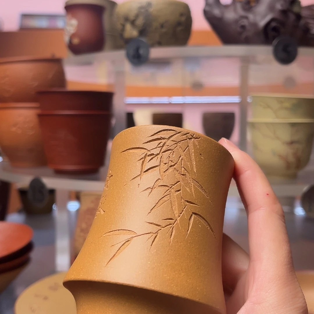 蓝***调紫砂茶杯黄金段泥 高竹节杯