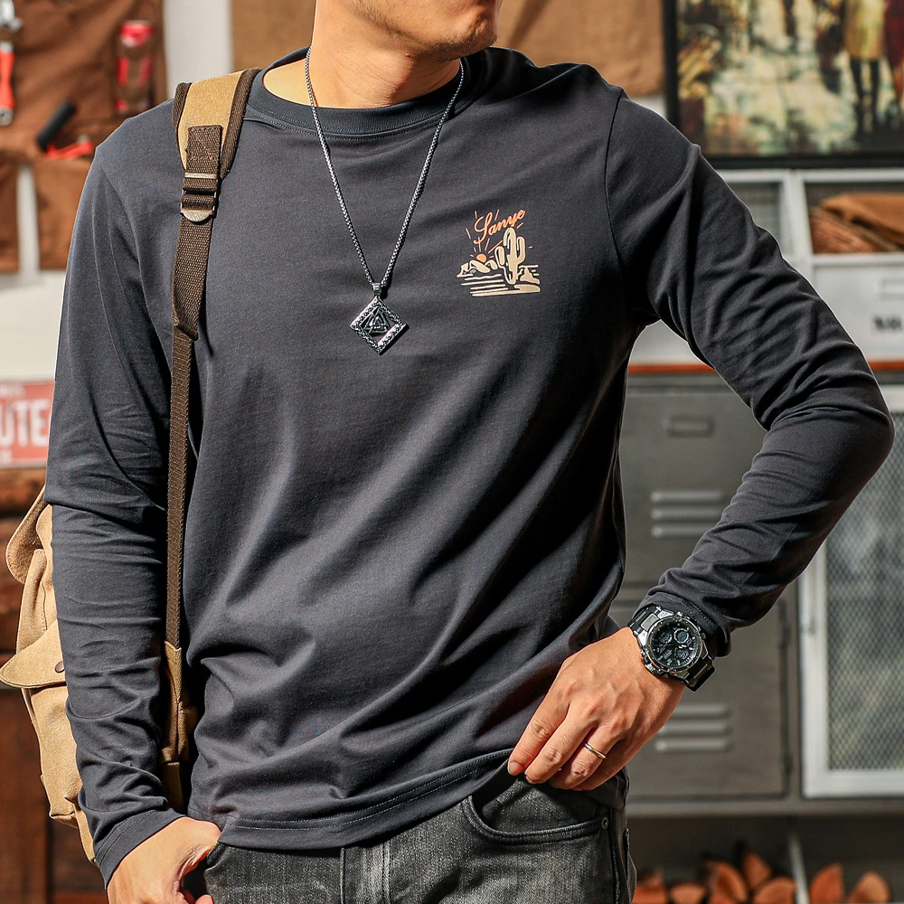 季言男款长袖t恤2025新款春秋季纯棉打底衫上衣 美式印花体恤潮牌