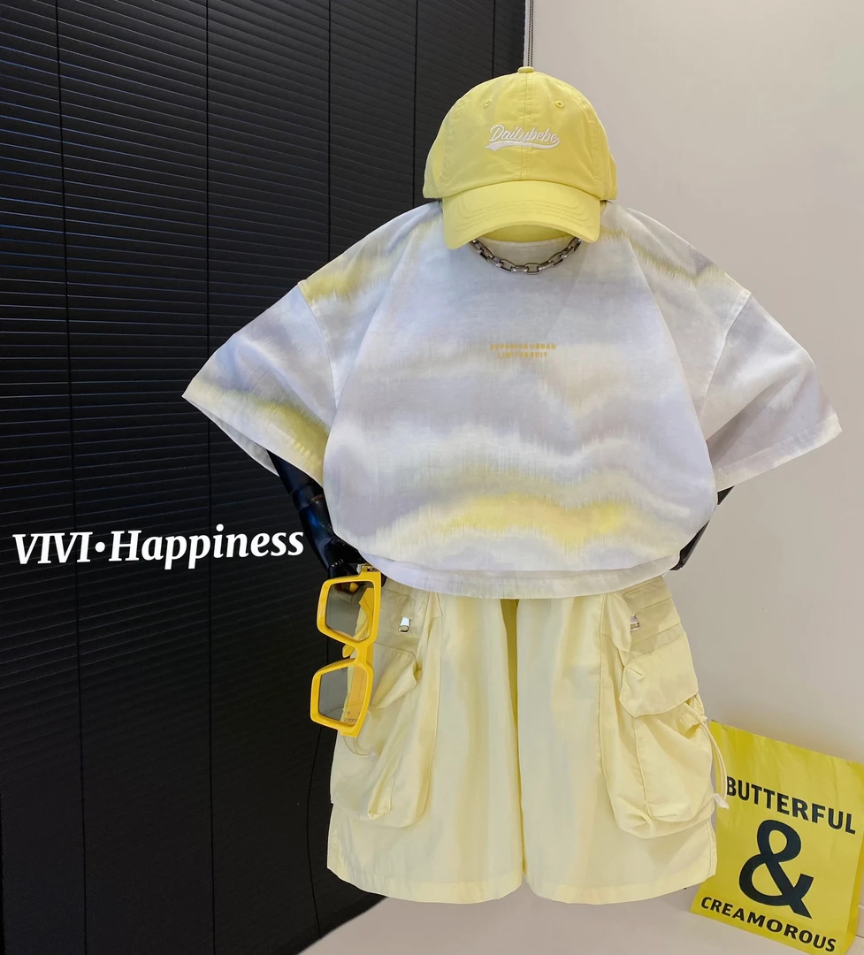 VIVI童装 2025夏季潮牌中大童嫩芽黄渐变水墨画扎染短袖T恤