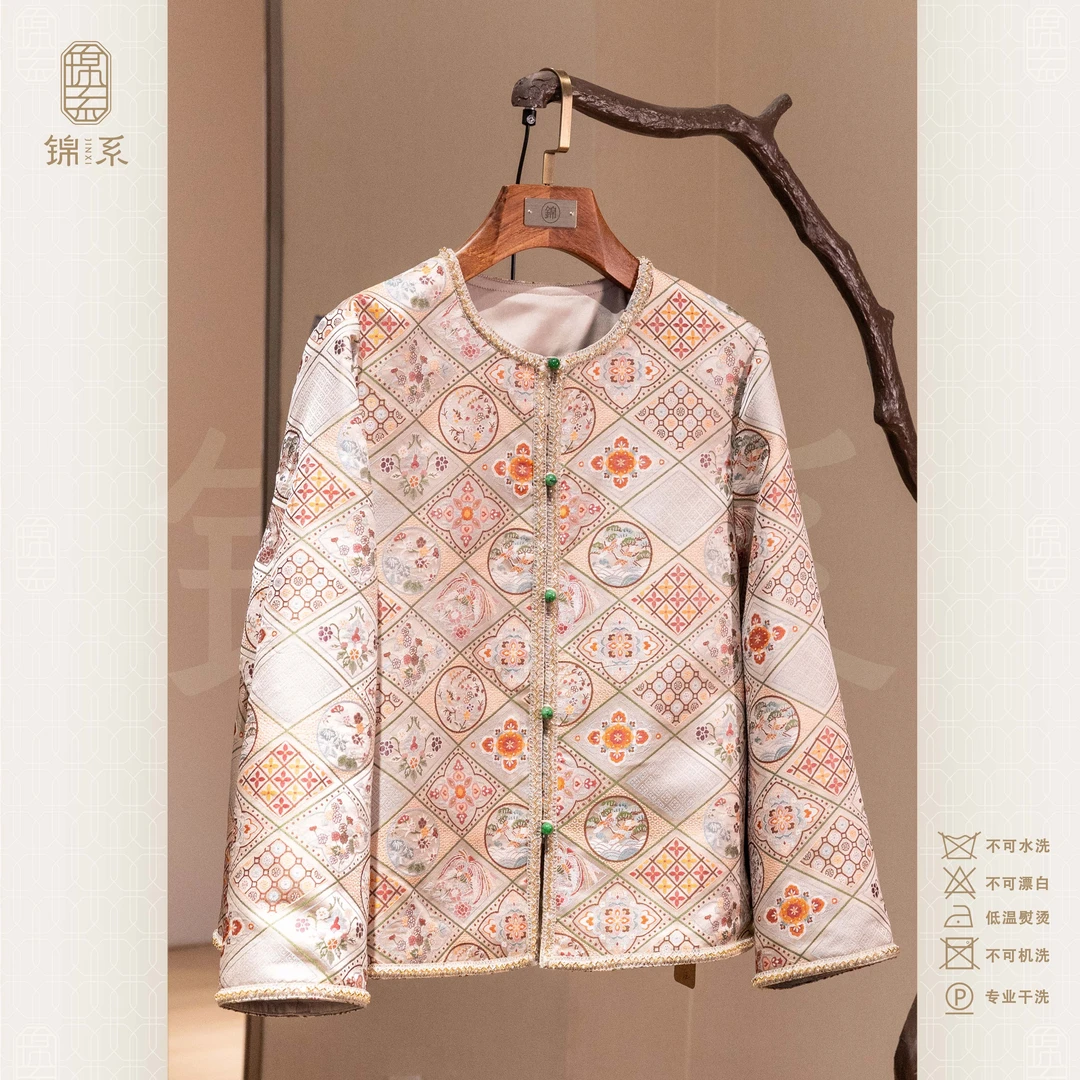 【锦系】40姆米全真丝纳莎锦桑蚕丝圆领直襟长袖外套E-383107