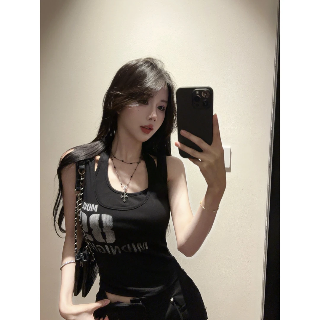 夏季新款美式辣妹字母印花假两件背心修身纯欲外穿吊带女