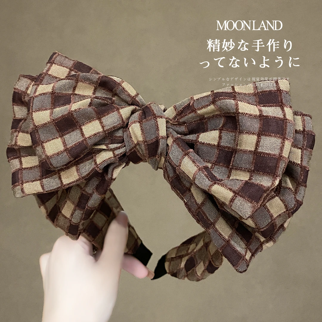 高级感格纹蝴蝶结发箍女新款洋气时尚发卡高颅顶日常外戴洗脸头箍