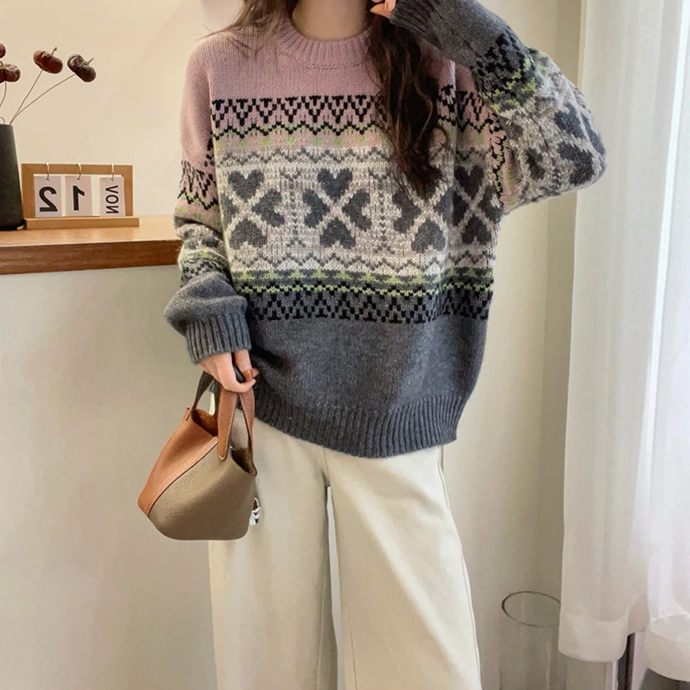 冬装新款复古提花软糯针织毛衣女装时尚圆领长袖保暖打底衫上衣潮