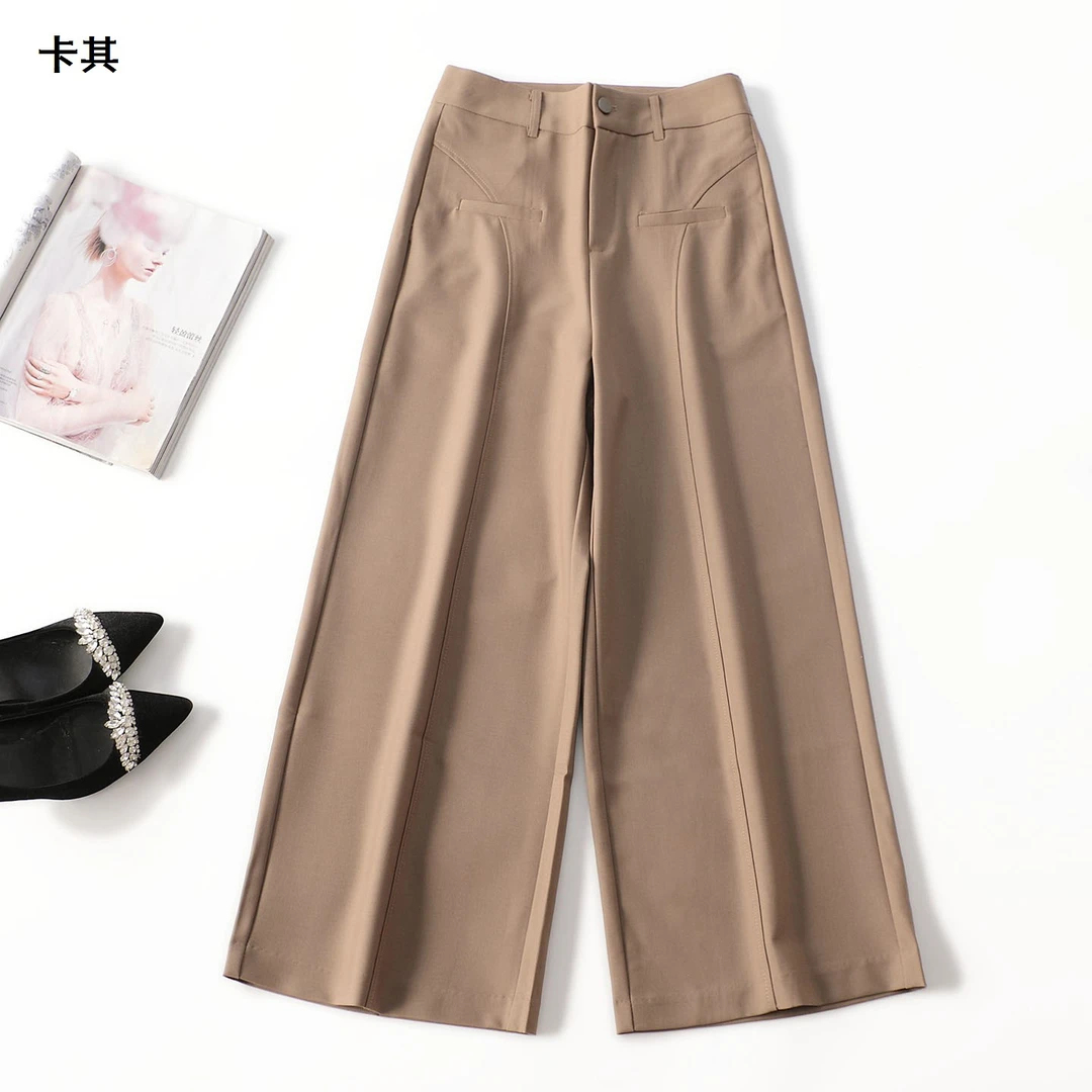411561春长款休闲裤女装卡其色高腰夏季长裤宽松阔腿裤