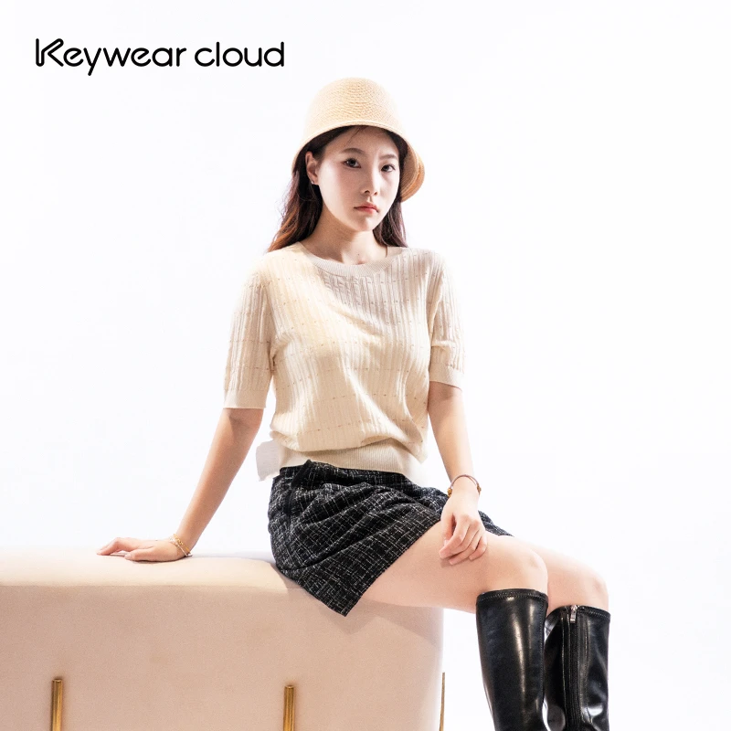 Keywearcloud奇威秋季清新条纹肌理感金丝纱线法式复古短袖针织衫