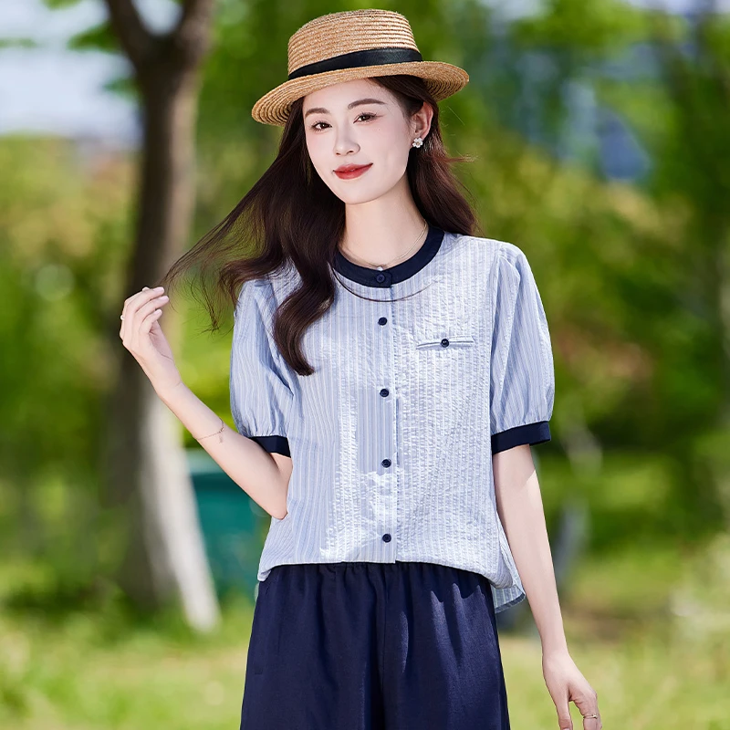 拉夏贝尔广东普宁衬衫女夏季2025新款高级感高端雪纺小衫短款上衣