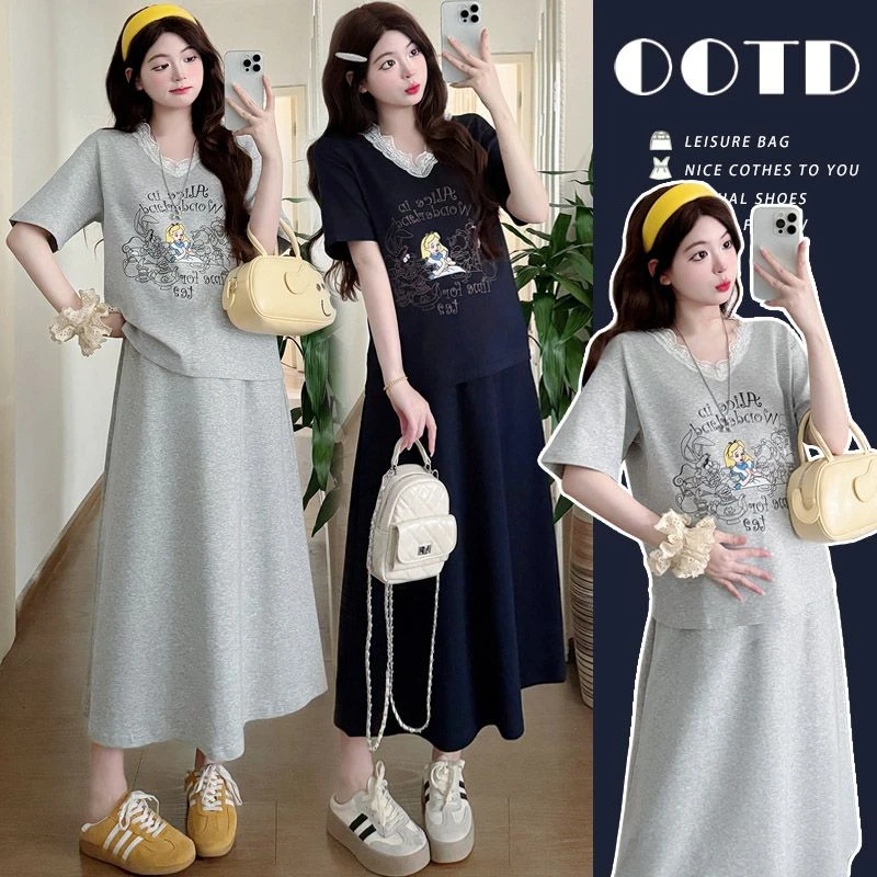 夏季孕妇装新品韩系蕾丝拼接印花T恤半身裙猪鼻扣辣妈时尚套装