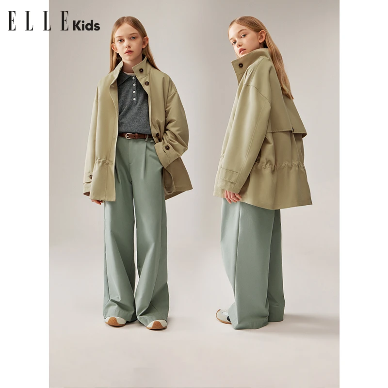 3939 ELLE KIDS童装立领造型低腰抽绳中长百搭风衣外套时尚休闲Q1