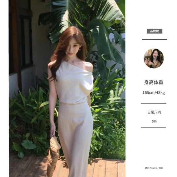 【晶妮妮定制】2025长裙法式斜肩款斜肩连衣裙气质简约性感设计感