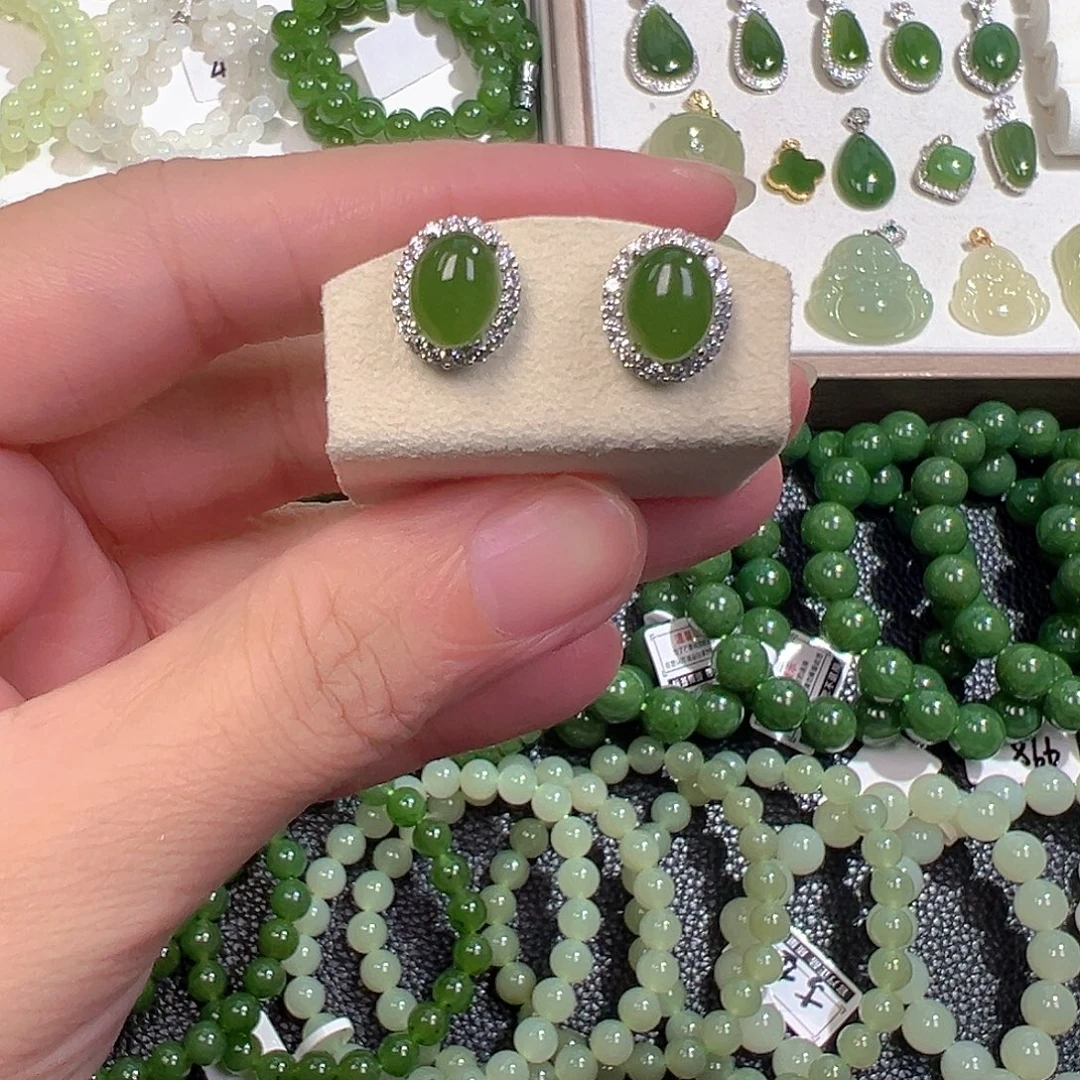 和田玉（碧玉）银S925镶嵌耳饰