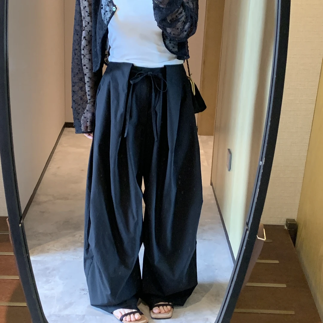 阔腿裤女常规高腰百搭水洗黑色直筒裤系带无弹力休闲裤宽松