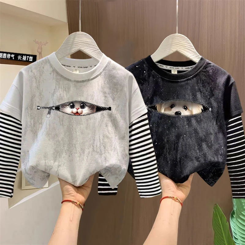 春秋季新款男童韩范宽松假两件长袖T恤中大童洋气扎染上衣打底衫t