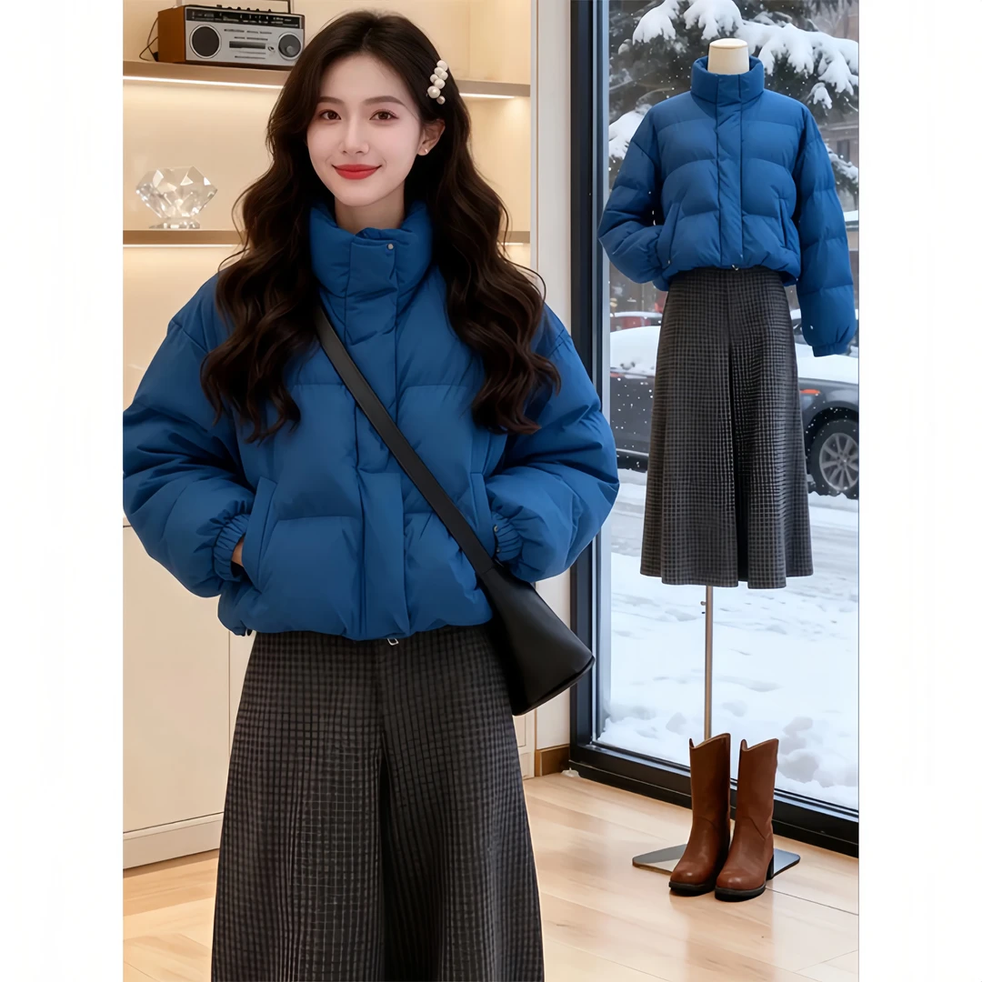 SHALLDOER【迈阿密漫游】蓝色立领棉服女2026冬季韩版加厚时髦外套