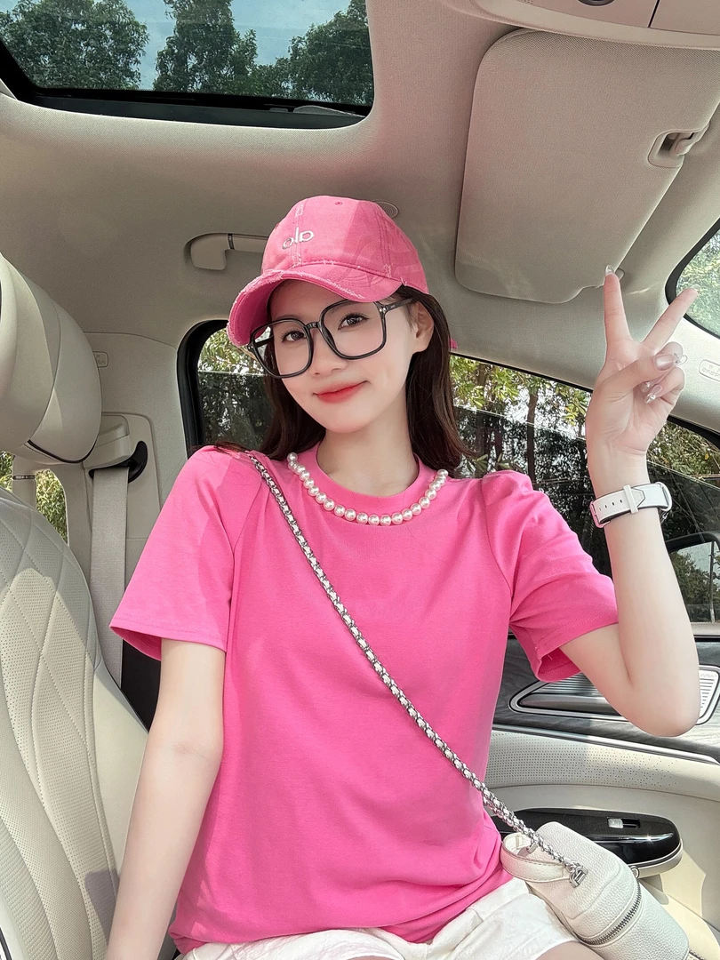 设计感小众钉珠正肩短袖t恤女夏季爆款修身显瘦洋气减龄别致上衣