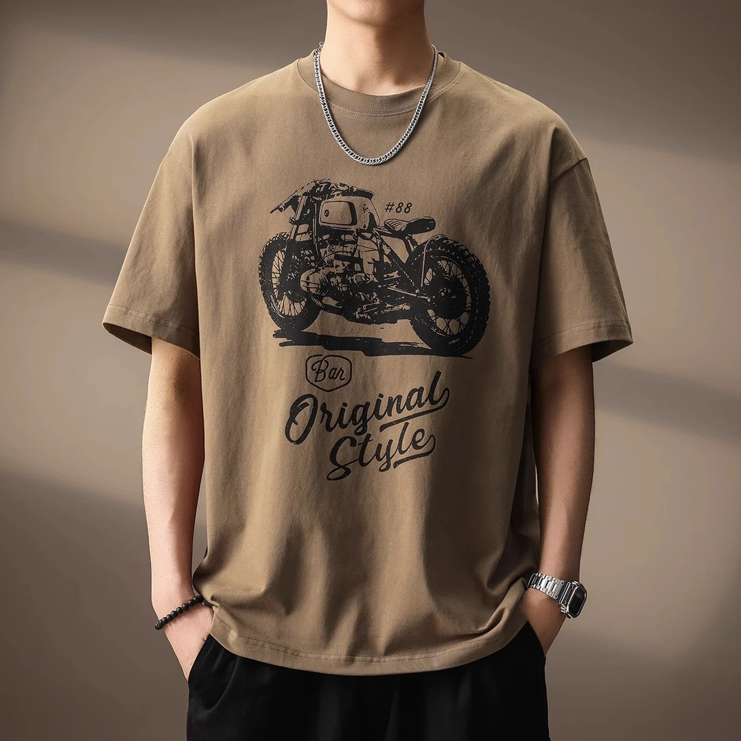 高端日系复古260g重磅短袖t恤男夏季美式潮牌机车印花上衣体恤男T