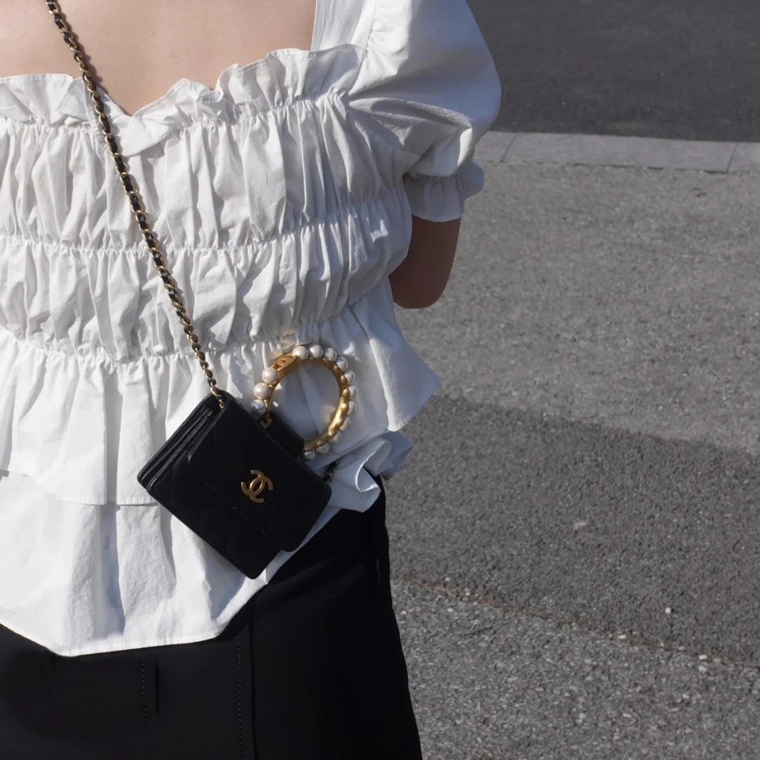 95新 Chanel/香奈儿 4779 黑金珍珠手柄零钱包斜挎包mini21