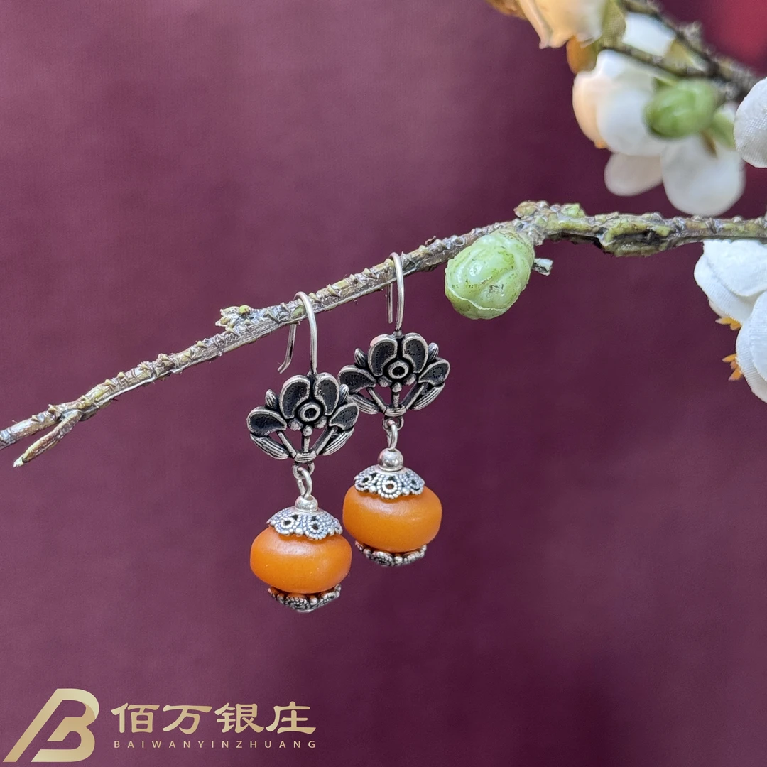 【佰万银庄】S925纯银莲花镶嵌DIY天然老蜜蜡鼓珠耳坠新中式复古风
