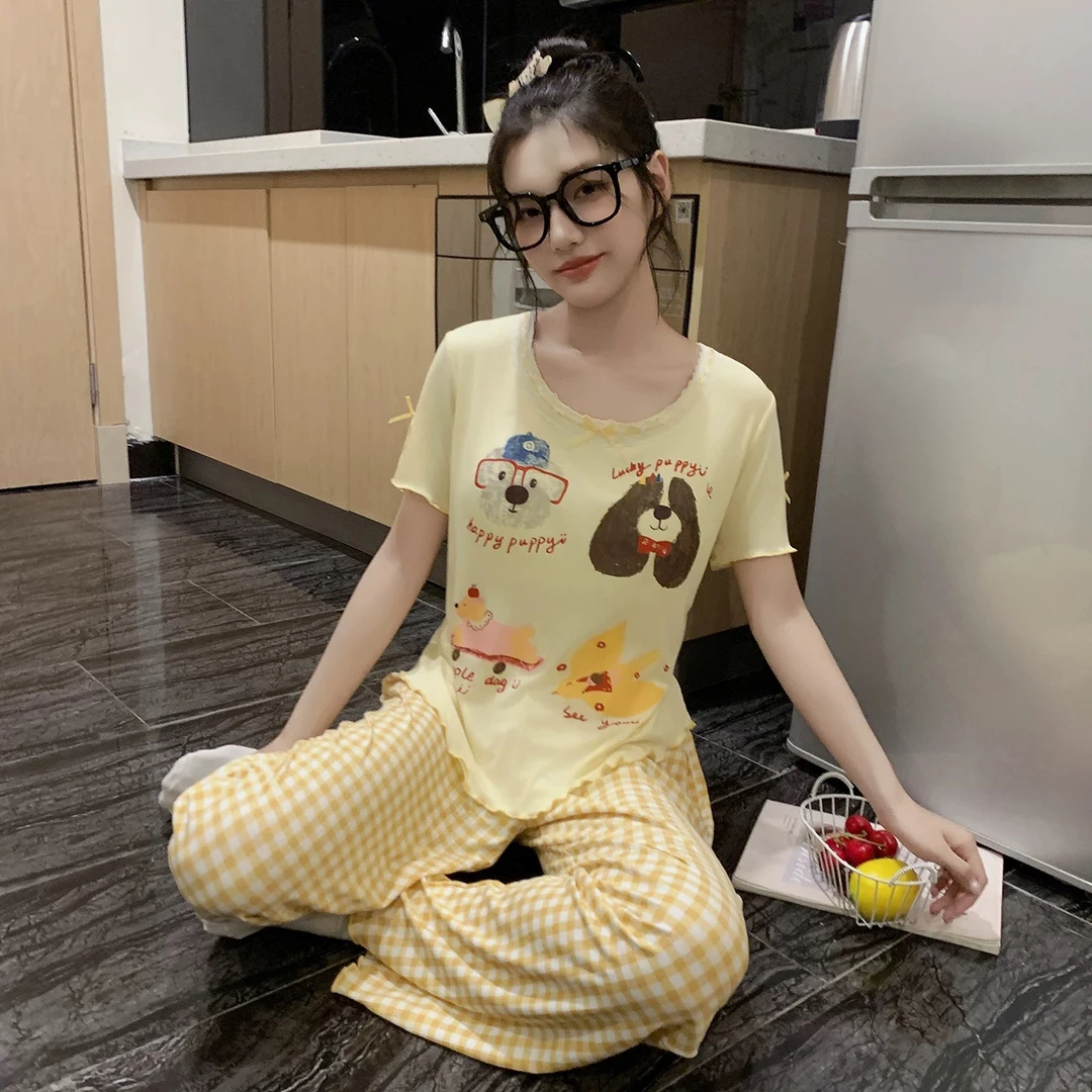 莫代尔睡衣女夏季短袖少女卡通小狗夏日带胸垫可外穿家居服黄格子