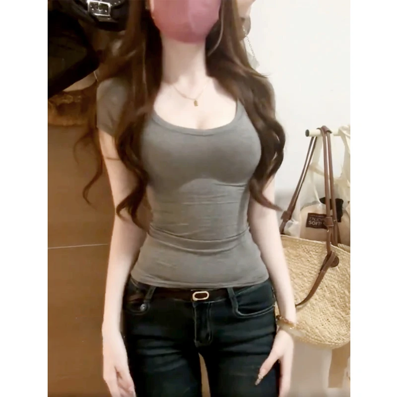 辣妹低领短袖t恤女夏季2025新款修身体恤掐腰灰色正肩纯欲风上衣