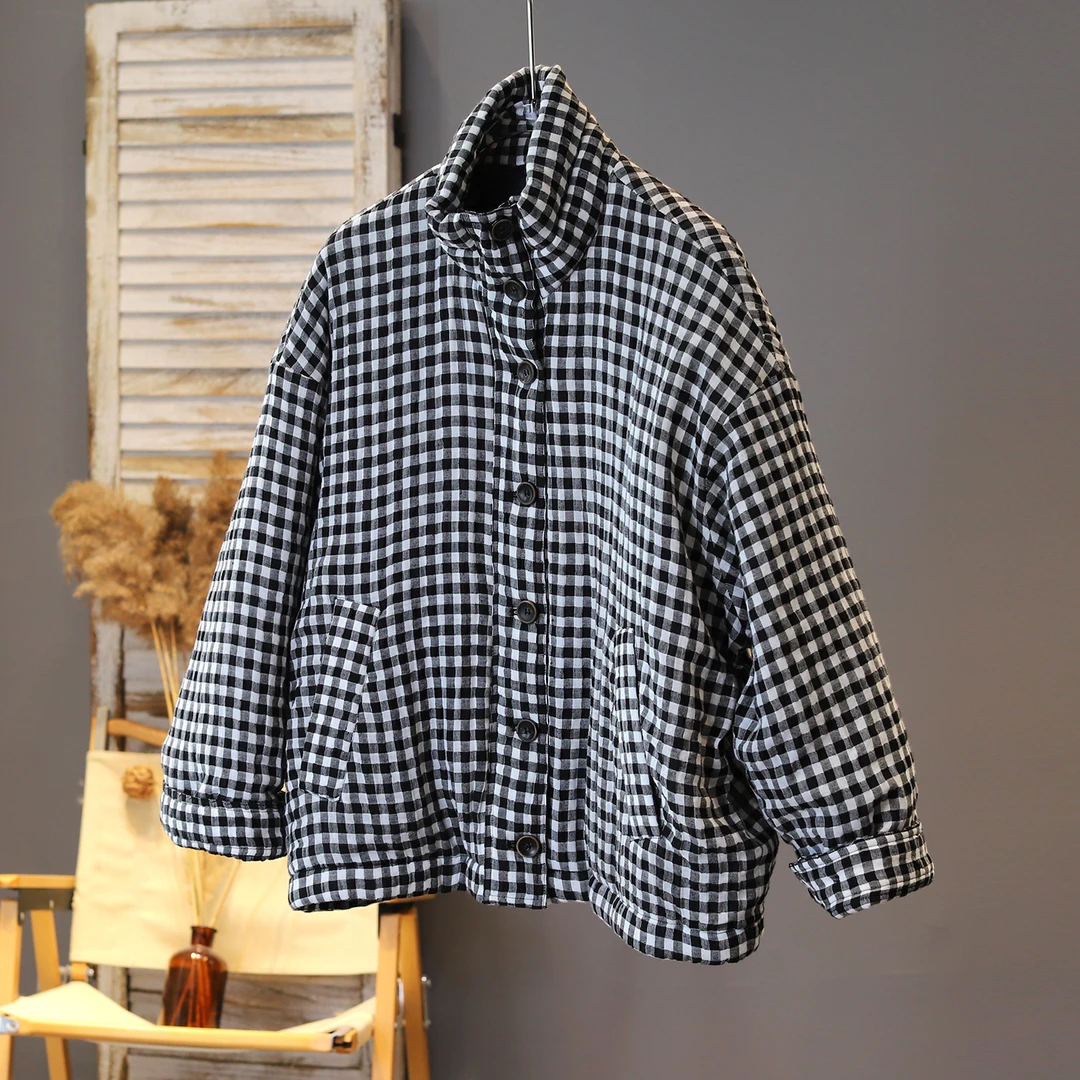 2025年冬装新款经典保暖文艺格纹夹棉立领棉服加厚通勤棉麻女棉衣