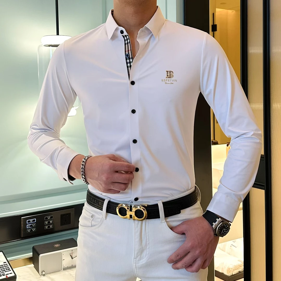 【椒江婷姐男装】2025春夏高端男士时尚百搭字母显瘦翻领长袖衬衫