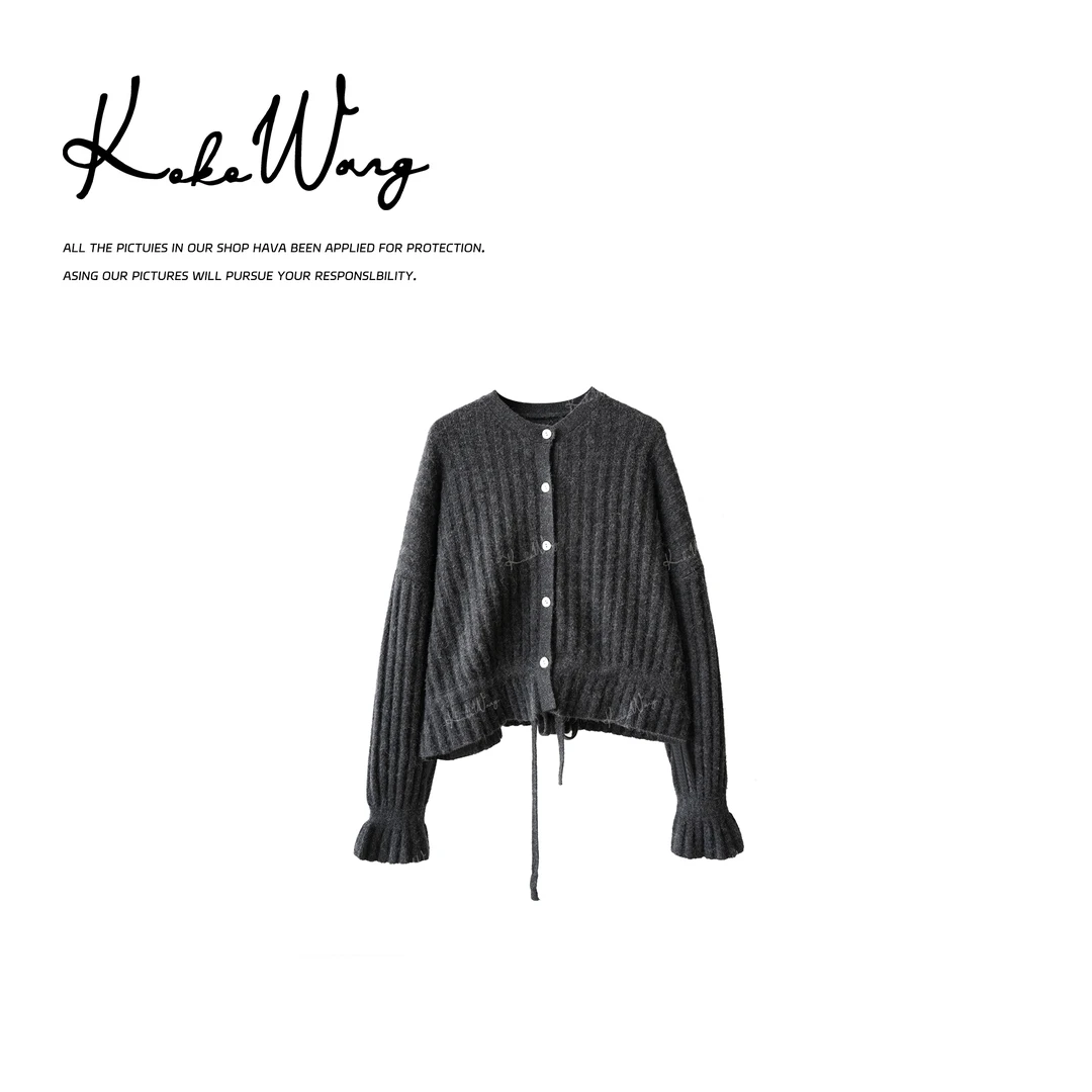 KOKO WANG 新款18支双股羊驼毛混纺纱线百搭针织开衫N6875H20W41