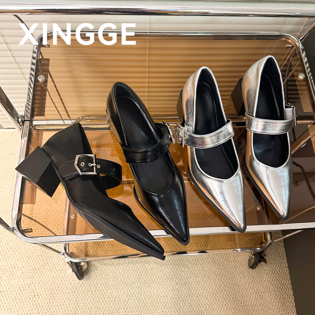 XINGGE/幸格玛丽珍单鞋女夏季2025年流行气质百搭银色粗跟高跟鞋