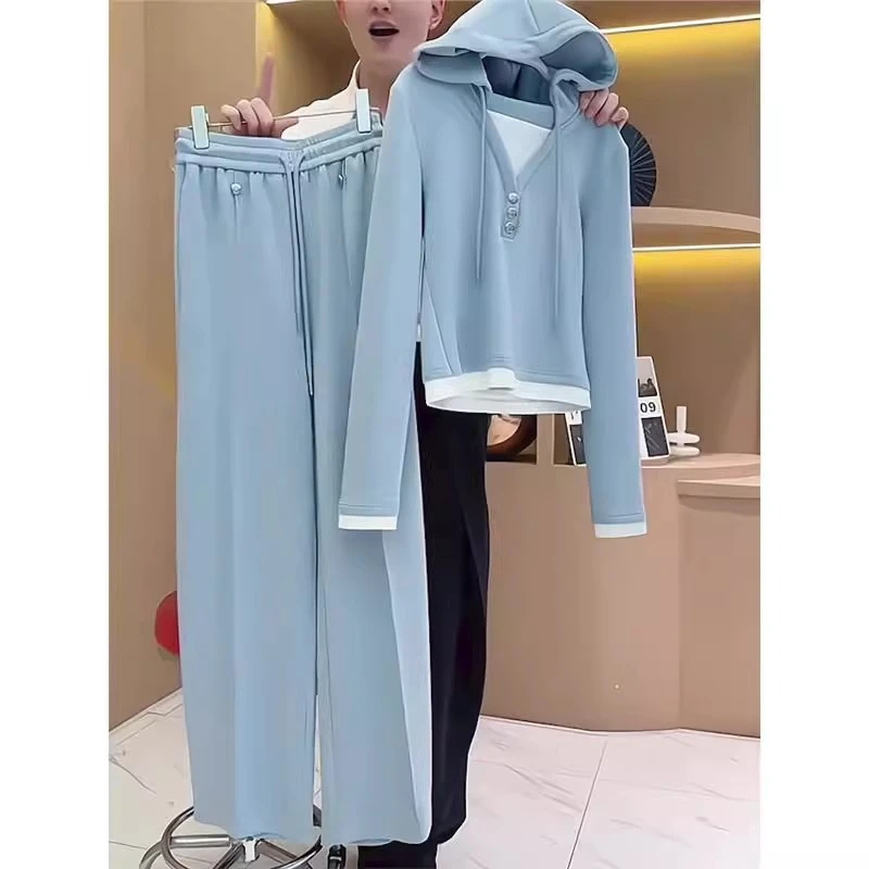 休闲远动套装2025高端显受假两件网红长袖上衣阔腿裤两件套裤子